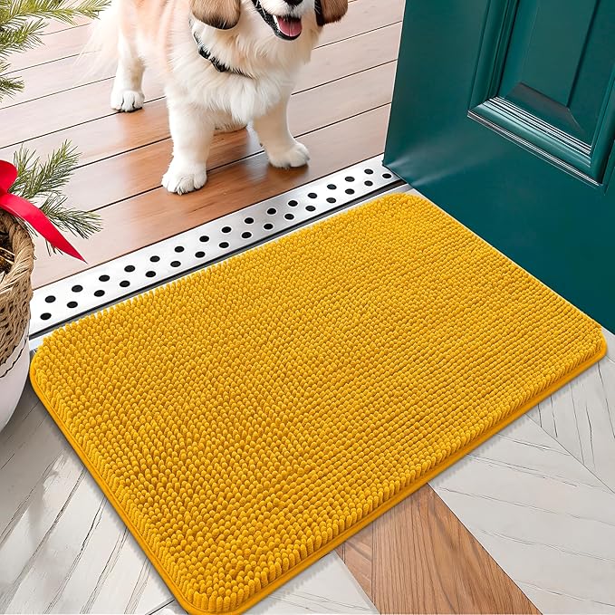 OLANLY Dog Door Mat for Muddy Paws 24x16, Absorbs Moisture and Dirt, Absorbent Non-Slip Washable Doormat, Quick Dry Chenille Mud Mat, Entry Indoor Entryway Carpet for Inside Floor, Golden Yellow