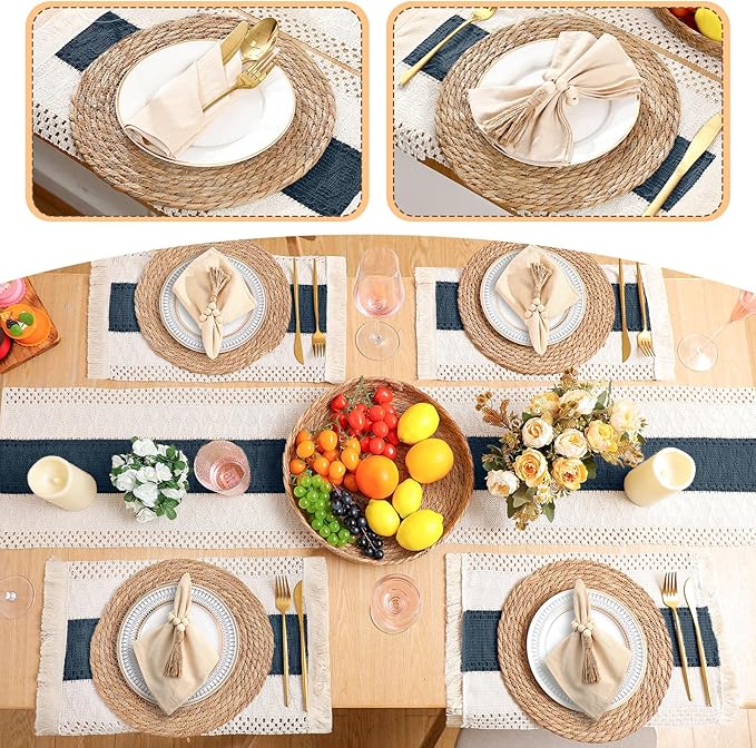 4 Sets Boho Placemats Round Woven Placemats, Cloth Napkins, Wood Bead Napkin Rings, Long Table Runner and Farmhouse Rustic Natural Burlap Cotton for Kitchen Dining Table Home (Blue)