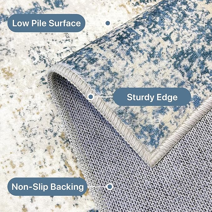 Machine Washable Rug 9x12 Area Rugs for Living Room Bedroom, Large Navy Blue Beige Abstract Area Rug Soft Throw Rugs, Low-Pile Floor Carpet with Non Slip Rubber Backing