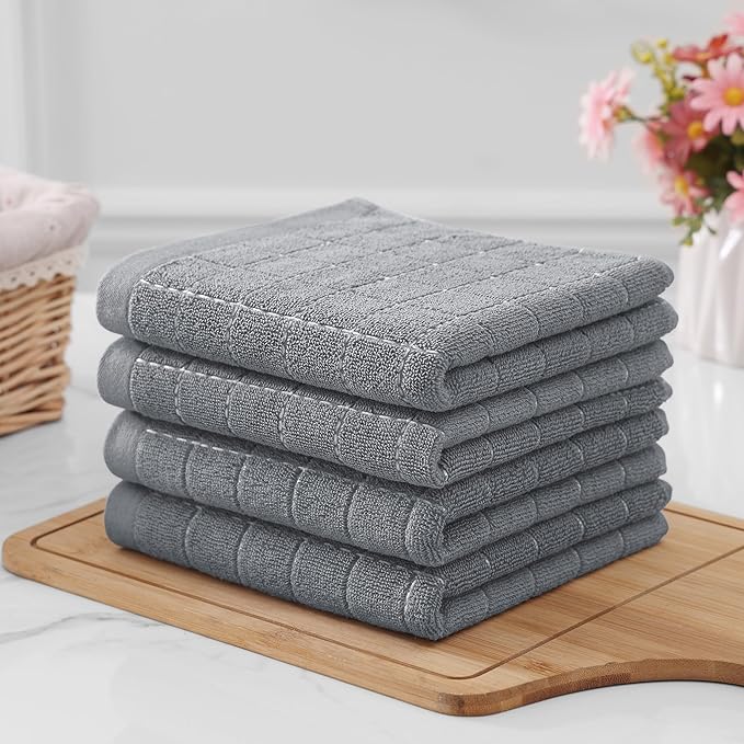 Homaxy 100% Cotton Terry Kitchen Towels(Grey, 13 x 28 inches), Checkered Designed, Soft and Super Absorbent Dish Towels, 4 Pack