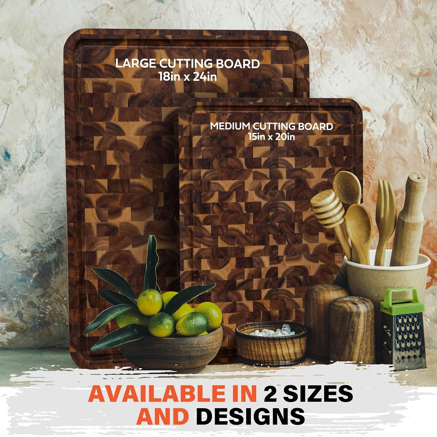 HOMESTEAD End Grain Acacia Wood Cutting Boards 23x18x1.5 – Butcher Block Chopping Board with Sorting Compartment, Juice Grooves & Handles – Non-Toxic Kitchen Board for Food Prep, Home Decor