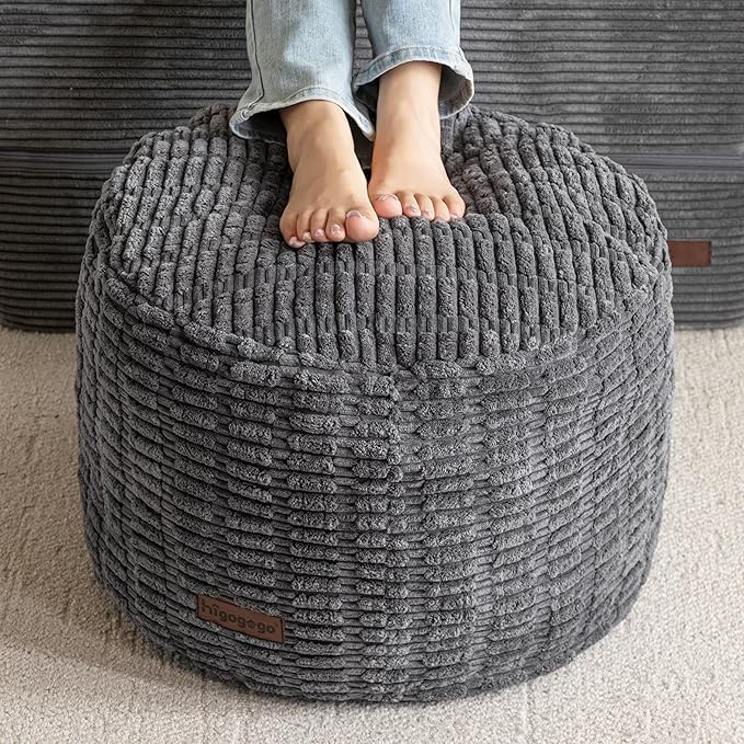 HIGOGOGO Pouf Ottoman Stuffed Round Modern Foam Filled Foot Rest Poufs for Living Room Chair Decorative 20 X 15 Inches Boho Relax Stool for Wedding Christmas Party, Dark Grey