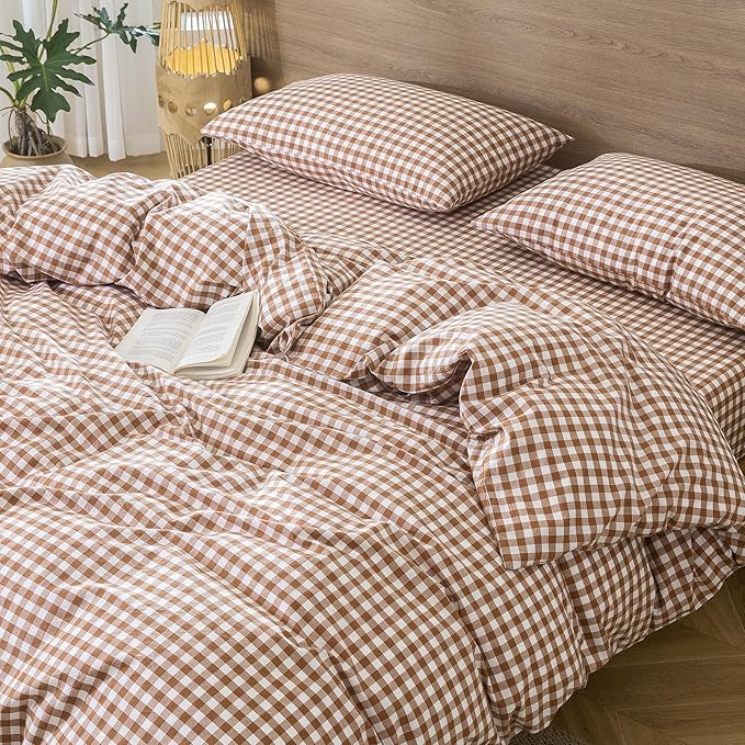 MooMee Gingham Duvet Cover Set 100% Washed Cotton Linen Like Textured Breathable Durable Soft Comfy Modern Checkered Design (Dark Orange Gingham, Queen 90"x90")