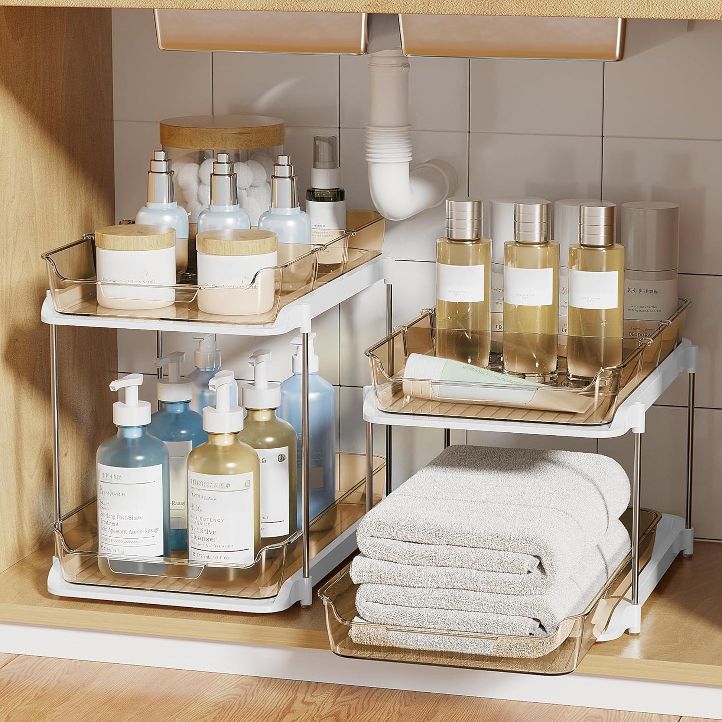 Delamu 2 Sets of 2-Tier Multi-Purpose Bathroom Under Sink Organizers and Storage, Stackable Kitchen Pantry Organization, Pull Out Medicine Cabinet Organizer with 8 Movable Dividers, Amber