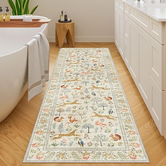 DUKINO 2x6 Rug for Hallway, Washable Kitchen Runner Rug with Non Slip Backing, Soft Low Pile Vintage Animal Runner for Bedroom, Kitchen, Hallway, Entryway, Laundry, Beige