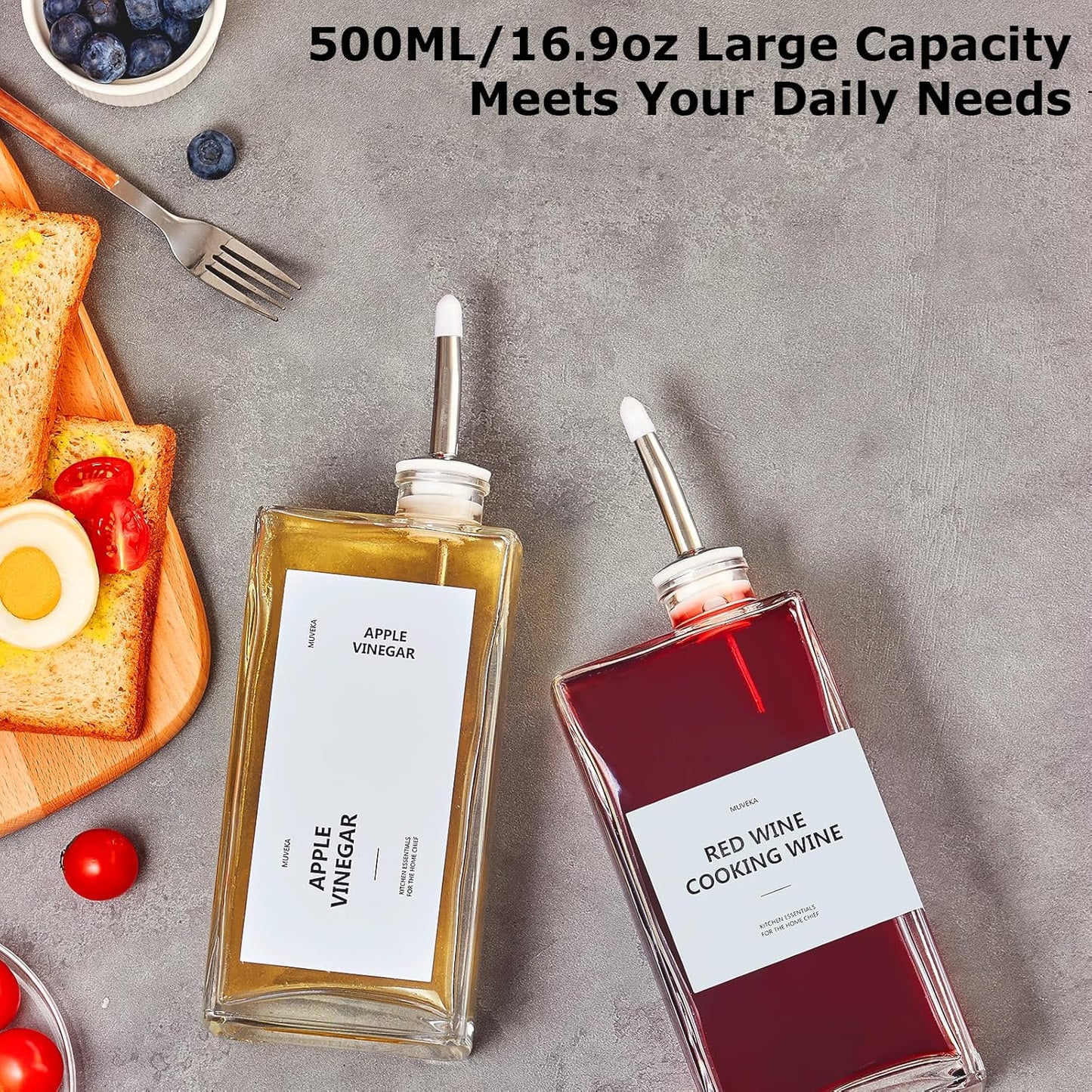 Olive Oil Dispenser Bottle for Kitchen, 16.9 oz/ 500 ml Soy Sauce Dispenser, Cooking Vinegar Dispenser Set, Glass Oil Cruet with 4 Pourer Spouts, Coffee Syrup Dispenser