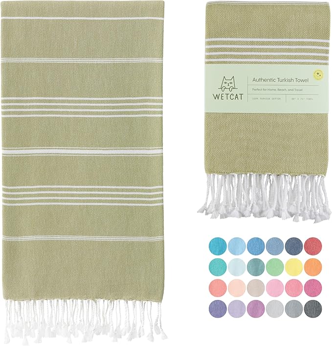 WETCAT Turkish Beach Towel Oversized (38"x71") 100% Turkish Cotton, Made in Turkey - Sand Free, Extra Large, Ultra Soft, Quick Drying, Compact & Lightweight for Travel - Sage Green