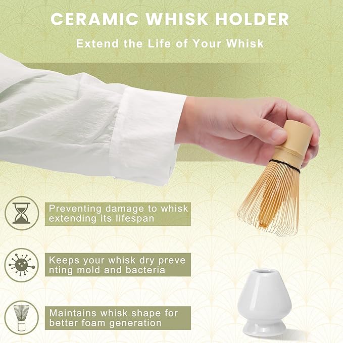 Matcha Whisk Set, Ceramic Matcha Set Includes Matcha Bowl, Matcha Whisk (Chasen) and Holder, Sifter, Bamboo Scoop & Spoon - 6 Pcs Matcha Kit for Matcha Lovers White