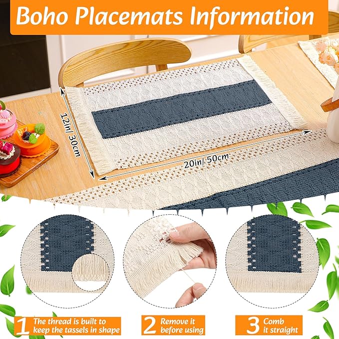 4 Sets Boho Placemats Round Woven Placemats, Cloth Napkins, Wood Bead Napkin Rings, Long Table Runner and Farmhouse Rustic Natural Burlap Cotton for Kitchen Dining Table Home (Blue)