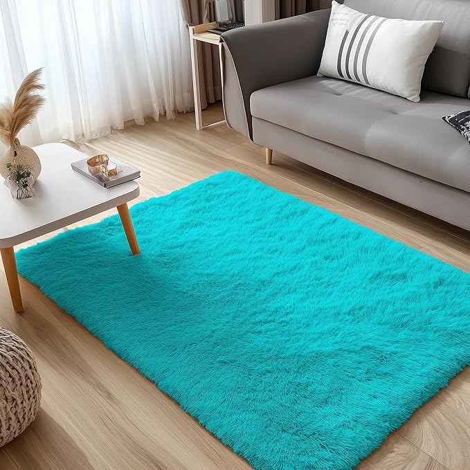 OLANLY 3x5 Machine Washable Small Bedside Rug, Soft Fluffy Shaggy Rugs for Living Room, Bedroom, Indoor Floor Carpet for Kids Girls and Boys, Preppy Dorms, Nursery, Home Decor Aesthetic, Teal Blue