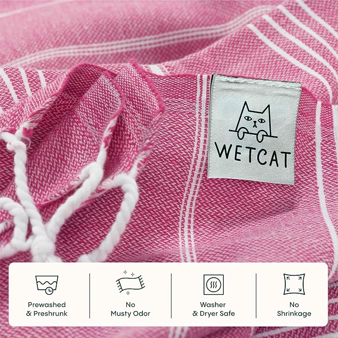 WETCAT Turkish Beach Towel Oversized (38"x71") 100% Turkish Cotton, Made in Turkey - Sand Free, Extra Large, Ultra Soft, Quick Drying, Compact & Lightweight for Travel - Fuchsia