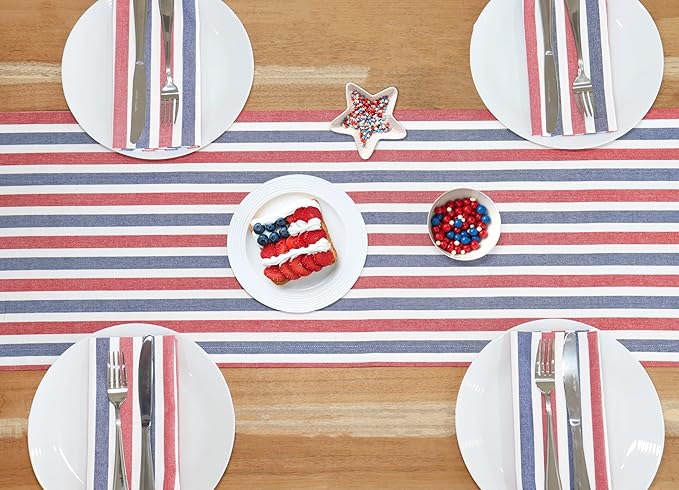 PurpleEssences 4th of July Striped Table Runner 90 inches Long Stripe Runner 14 x 90 Inch 100% Cotton - Durable Washable Fabric - Labor Day - Red Blue White