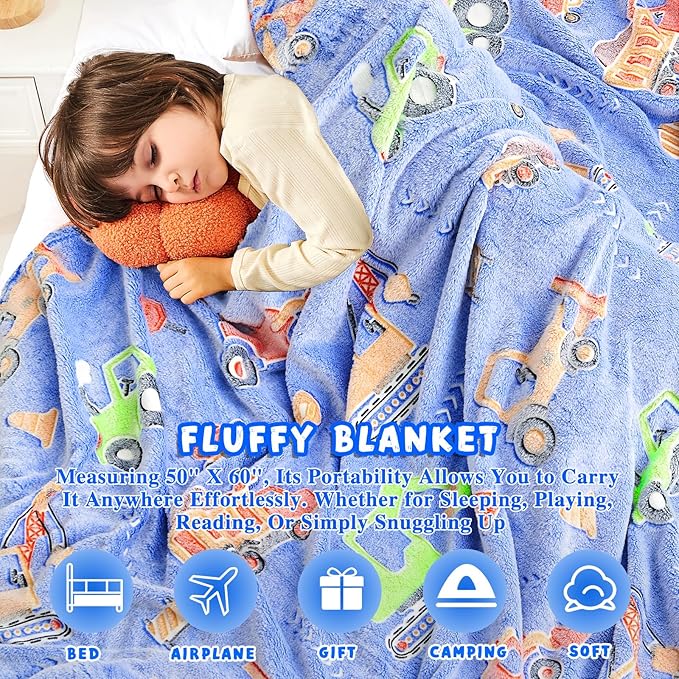 Inhand Truck Car Construction Toys Glow in the Dark Blanket Truck Gifts for Boys Kids Throw Blanket Car Excavator Crane Toys for Kids Boys Birthday Halloweenchristmas Cute Soft Room Decor Blue 50"X60"
