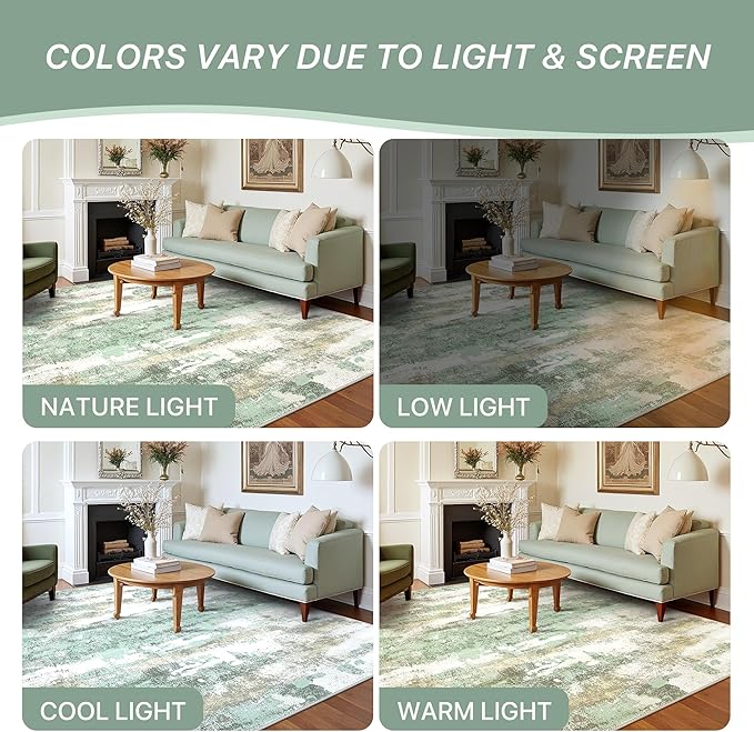 3x5 Rugs for Entryway Entrance Kitchen, Machine Washable Modern Abstract Soft Area Rug, Low Pile Indoor Floor Carpet with Non Slip Backing, Light Green/Cream