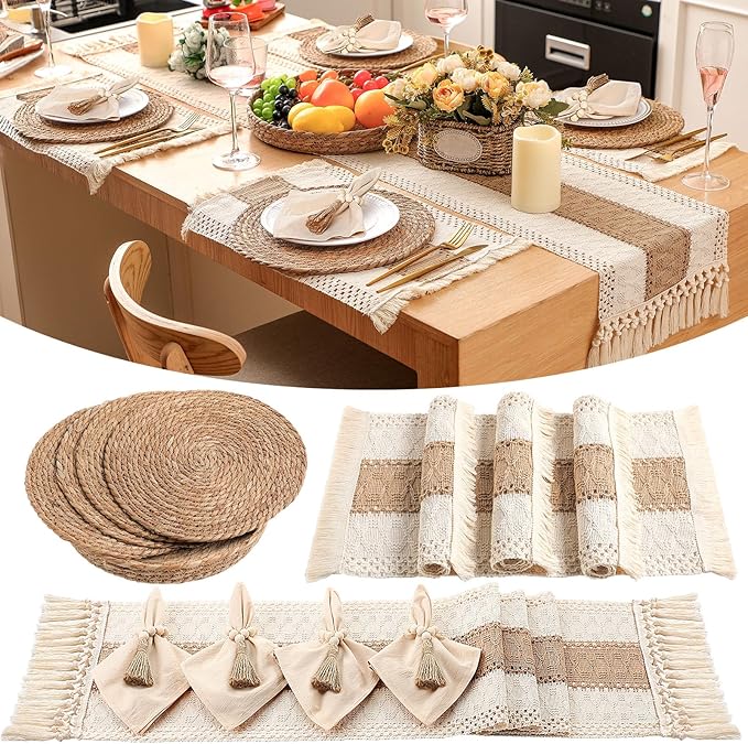 4 Sets Boho Placemats Round Woven Placemats, Cloth Napkins, Wood Bead Napkin Rings, Long Table Runner and Farmhouse Rustic Placemats Natural Burlap Cotton for Kitchen Dining Table Home