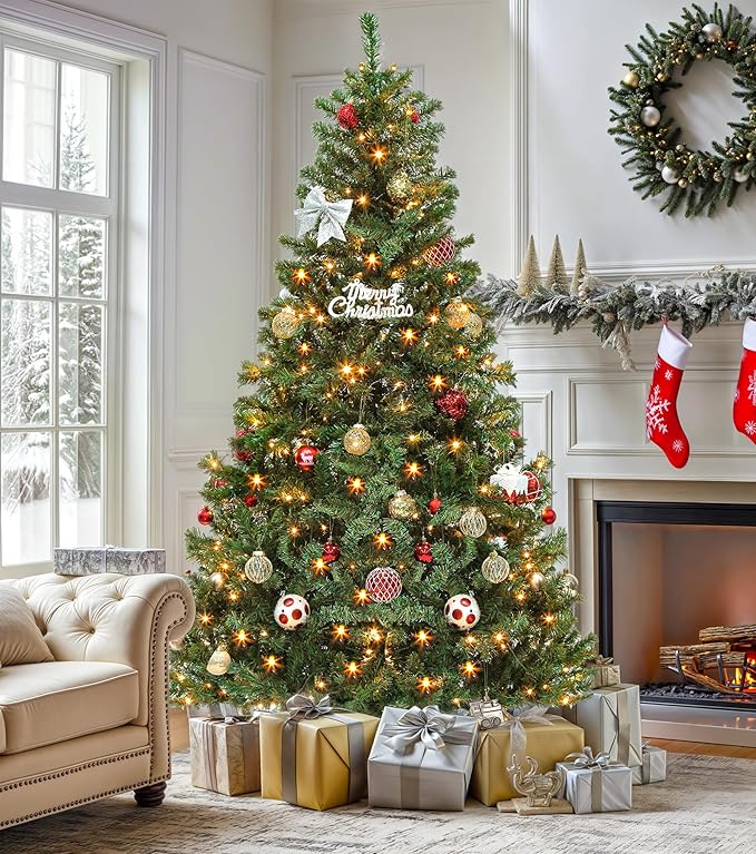 DWVO Prelit Christmas Tree 7.5ft, Atificial Christmas Tree with 550 LED Lights Includes Metal Stand, Xmax Trees Green Full Trees with 1450 Branches Tips, Metal Hinges Remote Control for Home Party