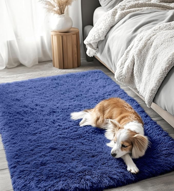 OLANLY 3x5 Machine Washable Small Bedside Rug, Soft Fluffy Shaggy Rugs for Living Room, Bedroom, Indoor Floor Carpet for Kids Girls and Boys, Preppy Dorms, Nursery, Home Decor Aesthetic, Navy Blue
