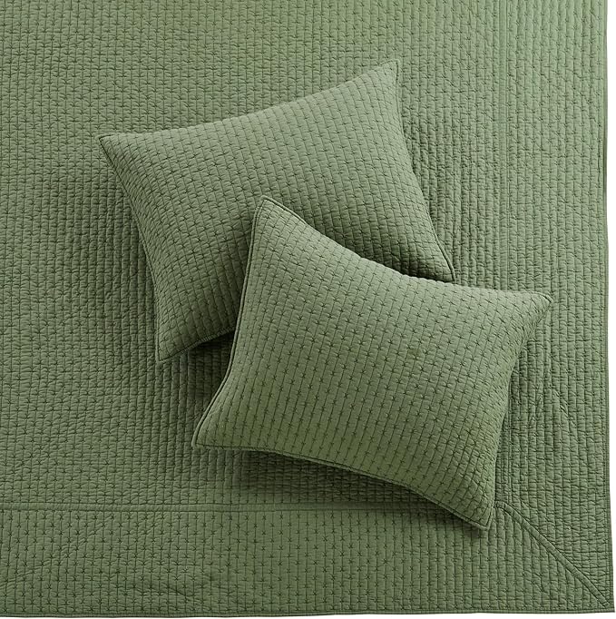 Levtex Home Cross Stitch Reversible Twin Bedspread Set (84x104in) with 1 Pillow Sham (26x20in) - Stitch Texture - Forest Green - Cotton Twin Size Bedspread Set - Lightweight, Soft, Pre-Washed