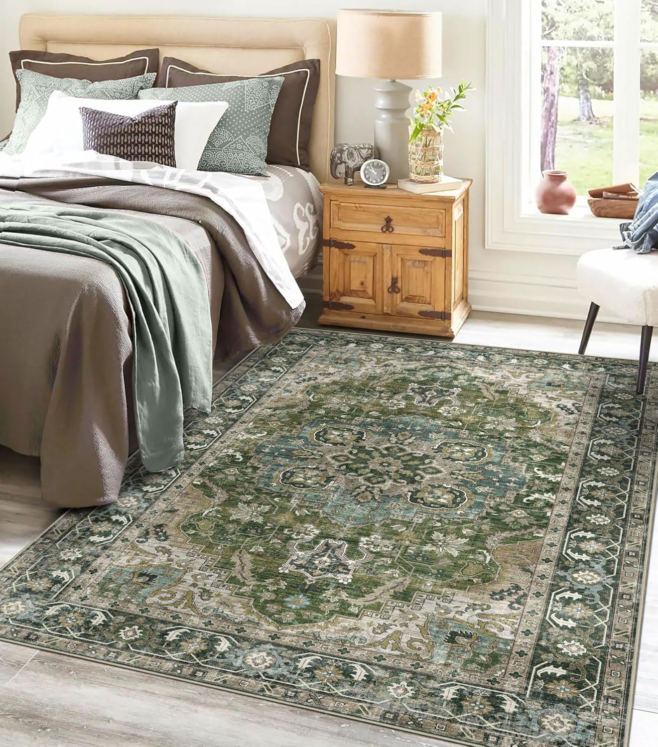 3x5 Washable Area Rug - Small Entryway Rug Non-Slip Moss Green Vintage Oriental Kitchen Rugs Low Pile Boho Carpet Throw Rugs for Living Room Bedroom Bathroom Entrance Dorm Office Home Decor