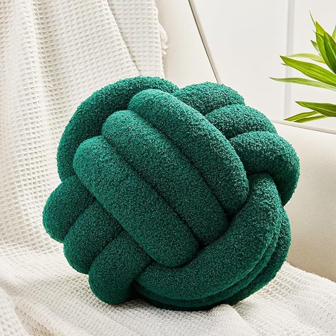 Uvvyui Knot Pillow Ball, Soft Home Decorative Pillows, Round Throw Pillow, Handmade Knotted Plush Pillow, Round Boucle Pillow Cushion (8.6 Inches Dark Green)