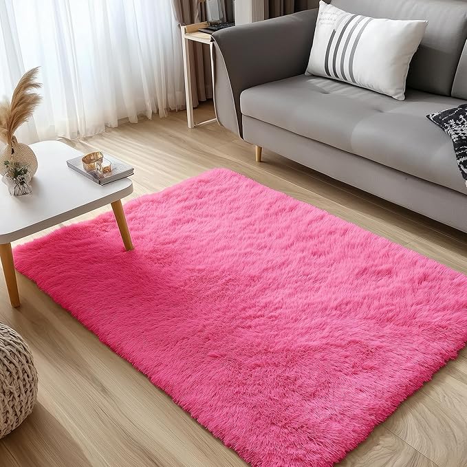 OLANLY 3x5 Machine Washable Small Bedside Rug, Soft Fluffy Shaggy Rugs for Living Room, Bedroom, Indoor Floor Carpet for Kids Girls and Boys, Preppy Dorms, Nursery, Home Decor Aesthetic, Hot Pink