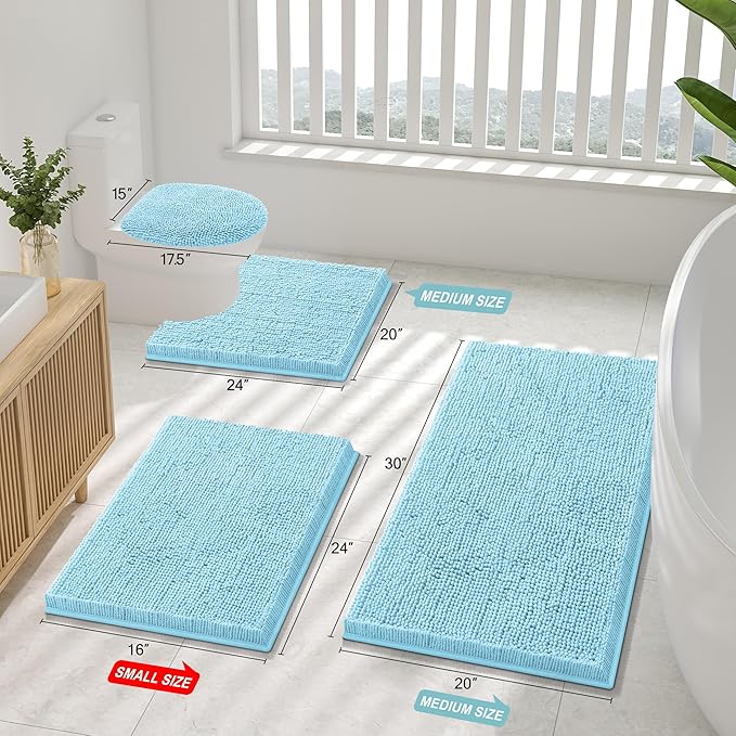 Smiry Luxury Chenille Bathroom Rugs 30x20, Extra Soft and Absorbent Shaggy Bath Mat, Machine Washable, Non-Slip Plush Carpet Runner for Tub, Shower, and Floor, Home Decor Accessories, Sky Blue