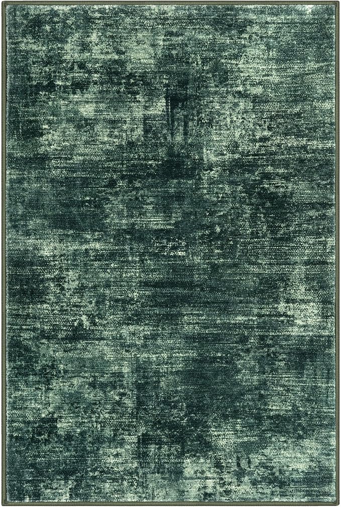 IOHOUZE Abstract Area Rugs 5x7 Ft Washable Rugs for Living Room, Non Slip Dining Room Rug, Printed Faux Wool Rugs for Bedroom, Floor Carpet for Kitchen Nursery Playroom, Dark Green
