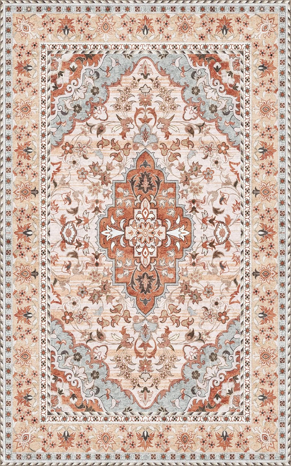 Washable Area Rug 5x8 | Non Slip Area Rug for Living Room, Bedrooms, Dining Room | Ultra-Soft Flannel Carpet Area with Rubber Backing (Rust Blue, 5x8)