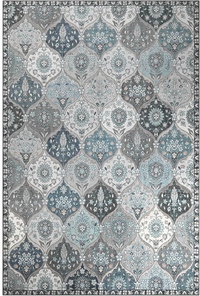 Lahome Moroccan Washable Area Rug 6x9, Ultra-Thin Large Living Room Rugs for Bedroom, Oriental Trellis Distressed Non Shedding Throw Carpet for Dining Room Office, Blue