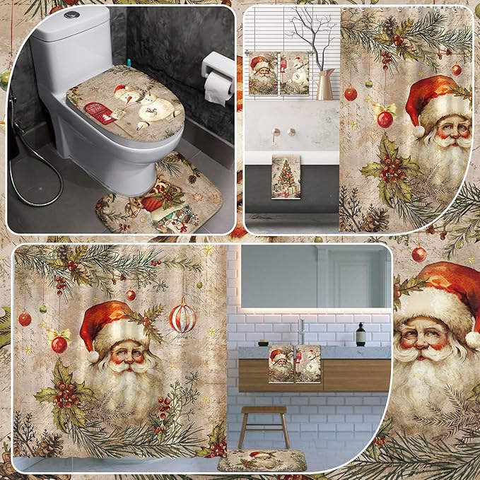 8 Pcs Christmas Shower Curtain Set Xmas Santa Bathroom Decoration Christmas Tree Hand Towels Snowman Toilet Lid Cover Bathroom Rugs Xmas Shower Curtain with Hooks(Santa Claus Style)