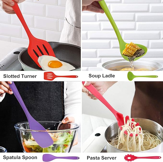 LIANYU 14 Pcs Cooking Utensils Set with Holder, Silicone Kitchen Cookware Utensils Set, Heat Resistant Cooking Gadget Tools Includes Spatula Spoon Turner Whisk Tong, Dishwasher Safe, Colorful