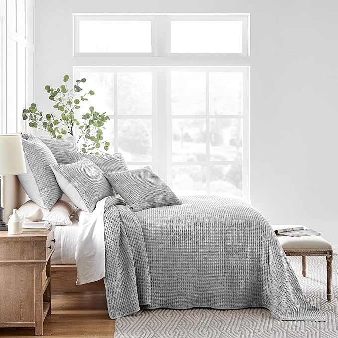 Levtex Home Mills Waffle Twin Bedspread Set (84x104in) with 1 Pillow Sham (26x20in) - Grey - Cotton Waffle Twin Size Bedspread Set - Lightweight, Soft, Pre-Washed