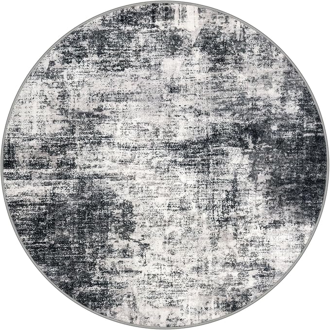 IOHOUZE Round Area Rug 5 Ft Circle Entryway Rugs Round Washable Door Mat Indoor Entrance, Non Slip Circle Front Door Rug, Printed Abstract Faux Wool Floor Carpet for Foyer Porch Sink, Black Grey