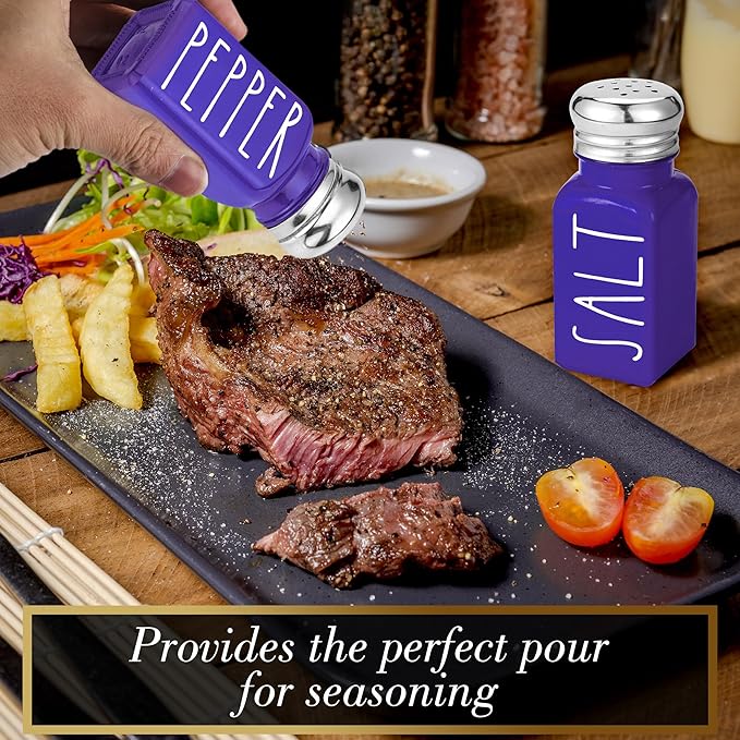 Purple Salt and Pepper Shakers Set by Brighter Barns - Modern Farmhouse Kitchen Decor and Accessories - Cute Salt and Pepper Set - Glass Shakers & Stainless Steel Lids for Home, Restaurants (Purple)