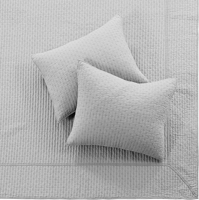 Levtex Home Cross Stitch Reversible Queen Bedspread Set (104x106in) with 2 Pillow Shams (26x20in) - Stitch Texture - Light Grey - Cotton Queen Size Bedspread Set - Lightweight, Soft, Pre-Washed