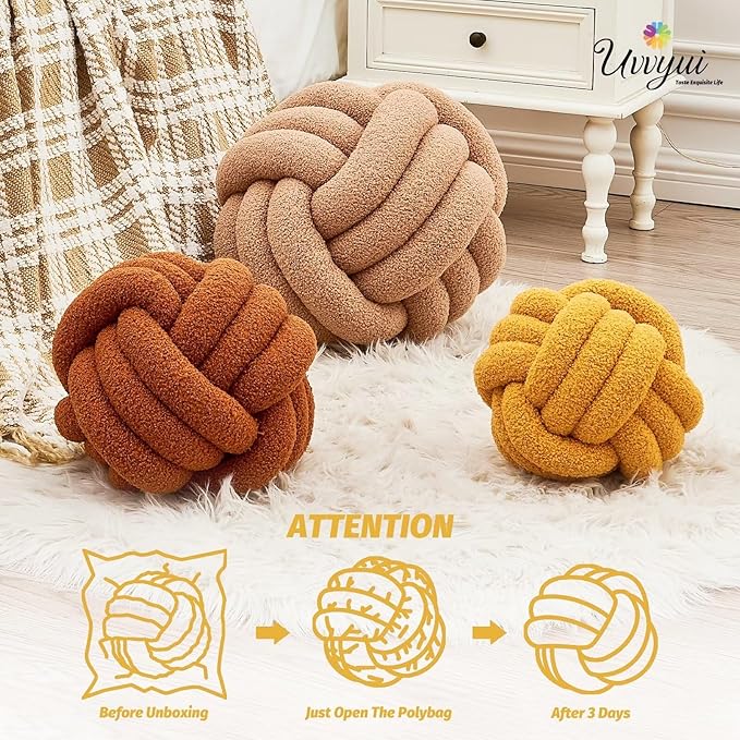 Uvvyui Knot Pillow Ball, Soft Home Decorative Pillows, Round Throw Pillow, Handmade Knotted Plush Pillow, Round Boucle Pillow Cushion (8.6 Inches Dark Yellow)