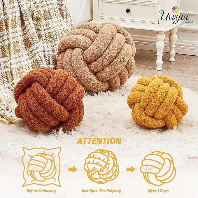 Uvvyui Knot Pillow Ball, Soft Home Decorative Pillows, Round Throw Pillow, Handmade Knotted Plush Pillow, Round Boucle Pillow Cushion (11 Inches Dark Yellow)