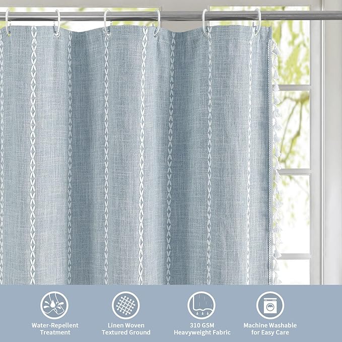 MitoVilla Blue Boho Fabric Shower Curtain, Modern Farmhouse Polyester Linen Shower Curtains for Vintage Rustic Bathroom Decor, Country Tassel Thick Cloth Shower Curtain, 72 x 72