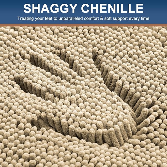 Smiry Luxury Chenille Bathroom Rugs 34x21, Extra Soft and Absorbent Shaggy Bath Mat, Machine Washable, Non-Slip Plush Carpet Runner for Tub, Shower, and Floor, Home Decor Accessories, Beige
