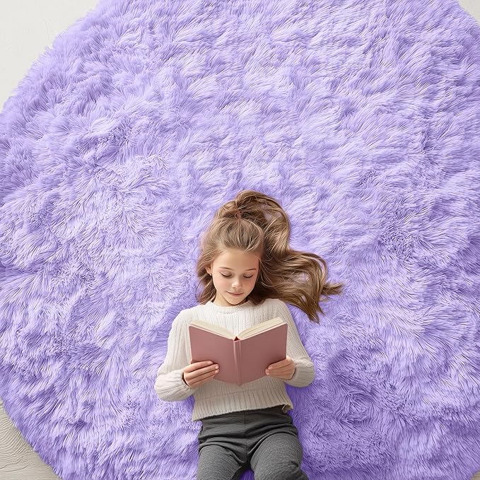 OLANLY Light Purple Round Rugs for Bedroom - Machine Washable, 7 ft Circle Area Rugs for Living Room, Soft and Fluffy Shaggy Carpet for Teen Girls and Boys, Nursery Rooms, Dorms, Home Decor Aesthetic