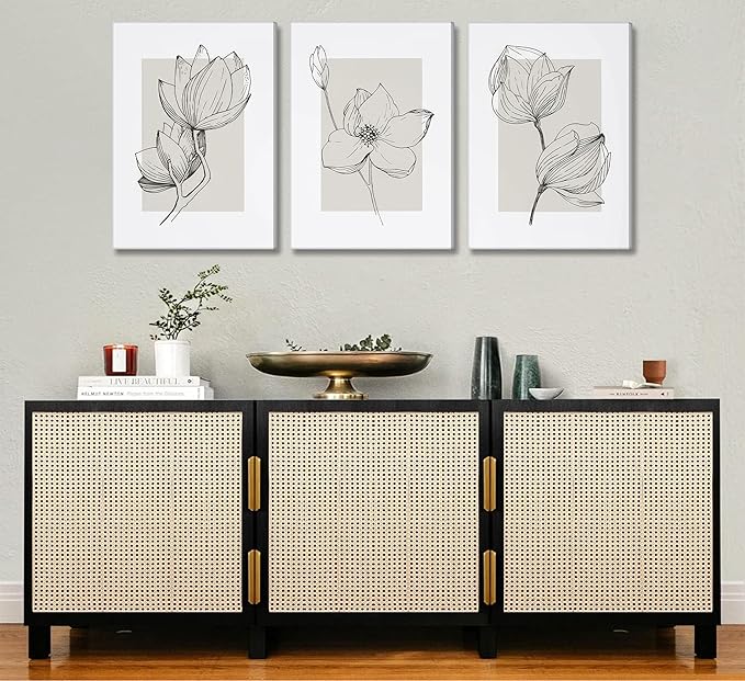 3Pcs Neutral Botanical Canvas Wall Art Beige Simple floral Painting Pictures Wall Decor Vintage Line flower Poster Print Artwork for Living Room Bedroom Bathroom Scene Home Decoration