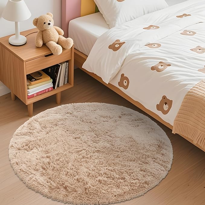 OLANLY Beige Round Rugs for Bedroom - Machine Washable, 3 ft Circle Area Rugs for Living Room, Soft and Fluffy Shaggy Carpet for Teen Girls and Boys, Nursery Rooms, Dorms, Home Decor Aesthetic