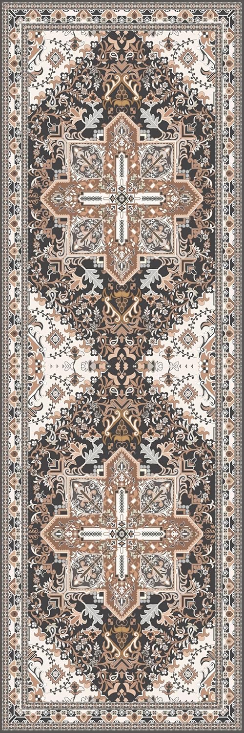 Washable Runner Rug 2x6 | Non Slip Rug Runners for Hallways, Entryways, Kitchens, Bathrooms, Bedrooms | Ultra-Soft Flannel Carpet Runners with Rubber Backing (Black Brown Cream, 2x6)