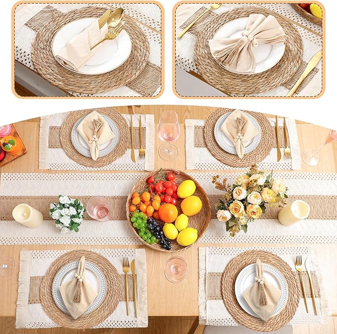 4 Sets Boho Placemats Round Woven Placemats, Cloth Napkins, Wood Bead Napkin Rings, Long Table Runner and Farmhouse Rustic Placemats Natural Burlap Cotton for Kitchen Dining Table Home