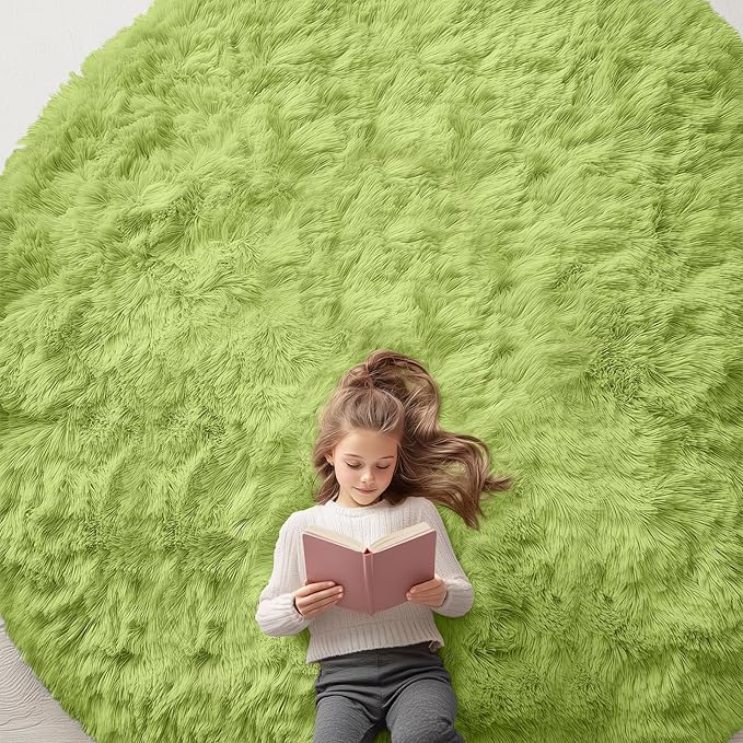 OLANLY Grass Green Round Rugs for Bedroom - Machine Washable, 9 ft Circle Area Rugs for Living Room, Soft and Fluffy Shaggy Carpet for Teen Girls and Boys, Nursery Rooms, Dorms, Home Decor Aesthetic