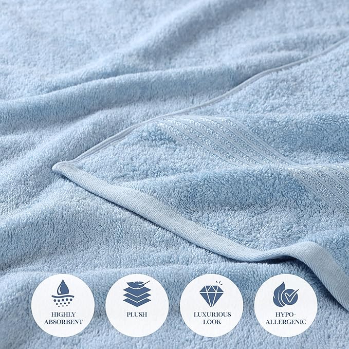 Superior Egyptian Cotton 3-Piece Towel Set, Basic Towels For Bathroom, Home Decor, Guest Bath, Shower, Apartment, Included 1 Face, 1 Hand, 1 Bath Towel, Washcloth, Quick Dry, Light Blue