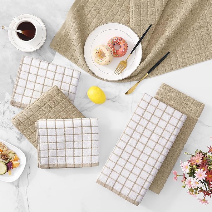 Homaxy Premium Cotton Kitchen Towels 16"x 28", Large Natural Ring Spun 390 GSM Dish Towels, Super Absorbent Terry Kitchen Hand Towels, Soft Tea Towel with Hanging Loop, Tan Check Design, 6 Pack
