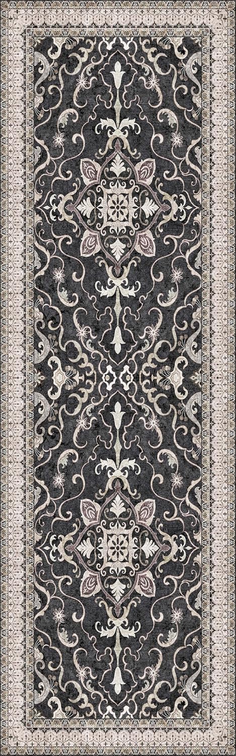 Washable Runner Rug 2.5x8 | Non Slip Rug Runners for Hallways, Entryways, Kitchens, Bathrooms, Bedrooms | Ultra-Soft Flannel Carpet Runners with Rubber Backing (Black Cream, 2.5x8)