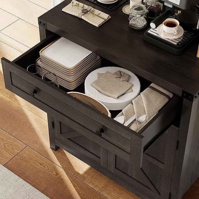 HOSTACK Coffee Bar Cabinet, Kitchen Storage Cabinet, Modern Farmhouse Buffet Sideboard with Drawer and Adjustable Shelf, Barn Door Accent Cabinets for Kitchen, Dining Room, Entryway, Dark Brown