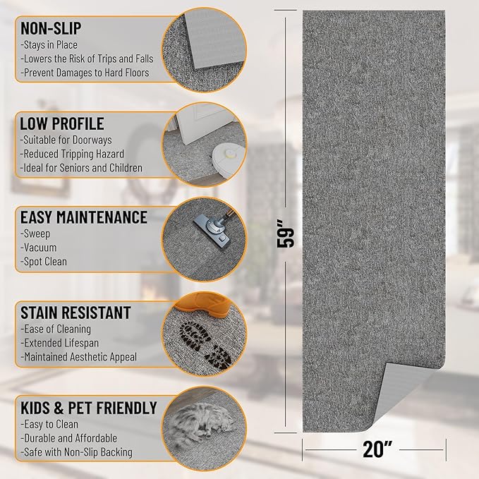 Ottomanson 20" x 59" Ultra-Thin Hallway Runner Rug - Durable Non-Slip Carpet for High-Traffic Areas - Fits Under Doors for Seamless Entry - Ideal for Kitchen, Entryway, Bedroom & Living Room, Gray